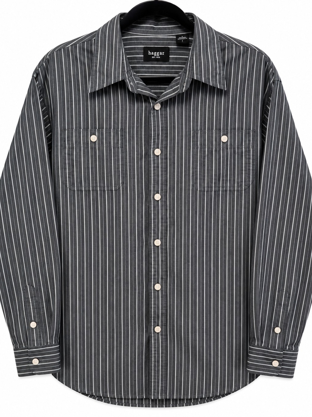 Haggar Men’s Gray Striped Button-Up Shirt – Size Large